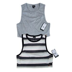 Two NEW Volcom Lived in Lounge Cropped Tank Tops Striped Black Solid Gray XS